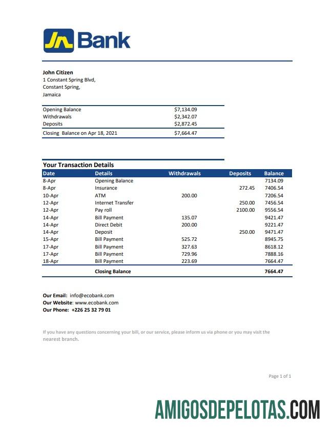 Extrato bancário nacional da Jamaica em branco, modelo fácil de preencher em formato de arquivo .xls e .pdf